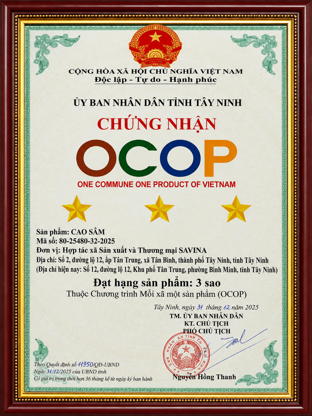 Giấy chứng nhận OCOP 3 sao Củ Sâm Bố Chính Tươi